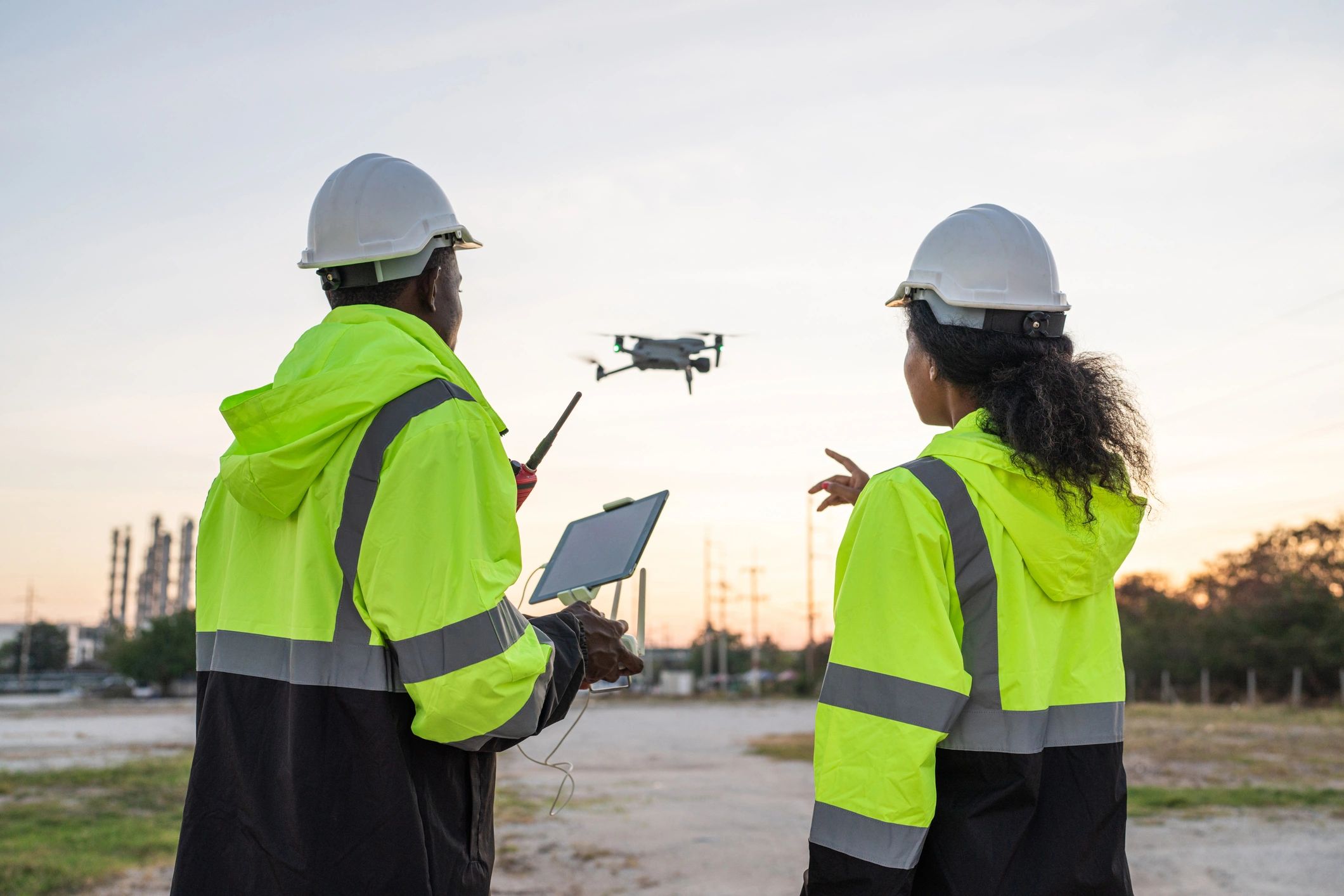 Team of Engineer Specialists Pilot Drone on Construction